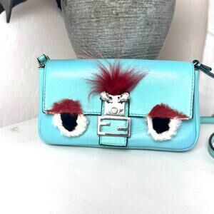 Fendi Teal Monster Mini Baguette Evening Bag Blue Green‎ SHW Authentic CoA
